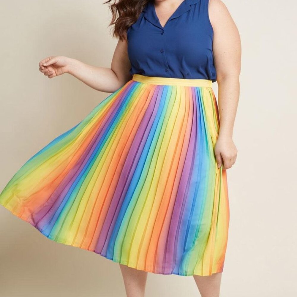ModCloth Rainbow Pleated A-Line Skirt - Yellow Waistband, Multicolor Stripes